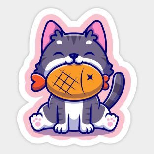 Cute Cat With Fish Cartoon Sticker